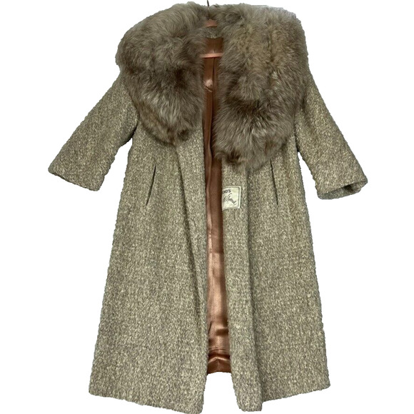 Bonds Fifth Avenue Coat Womens Chest 38" Tan Removable Fur Trim Collar Wool VTG